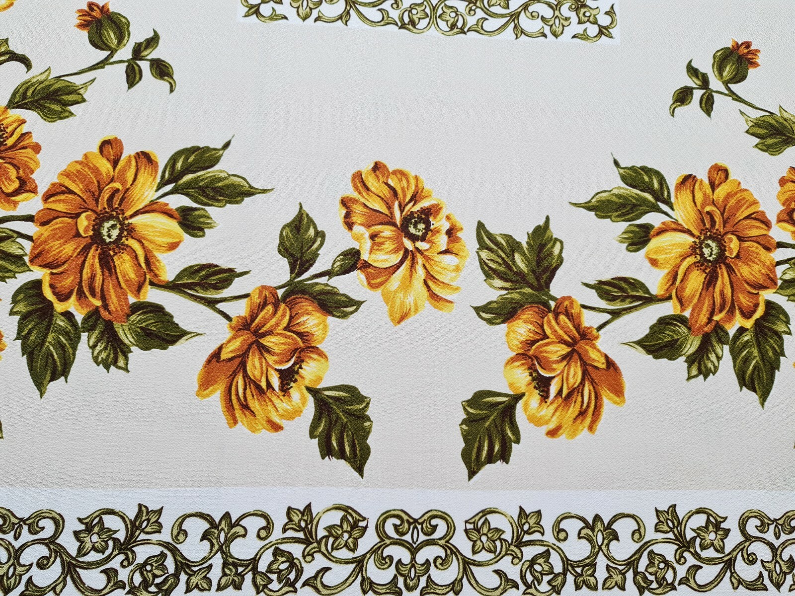 VINTAGE FLORAL ART SUMMER FLOWERS PRINT YELLOW BROWN COTTON BLEND TABLECLOTH