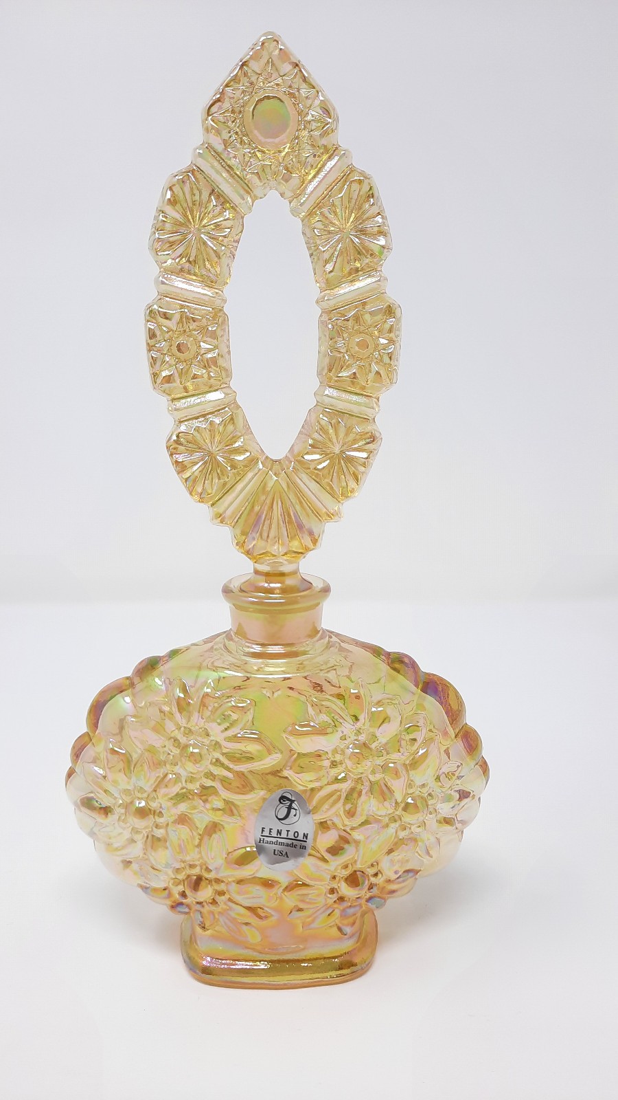 FENTON Gold Iridescent Glass Perfume Bottle w/ Stopper and Label 8