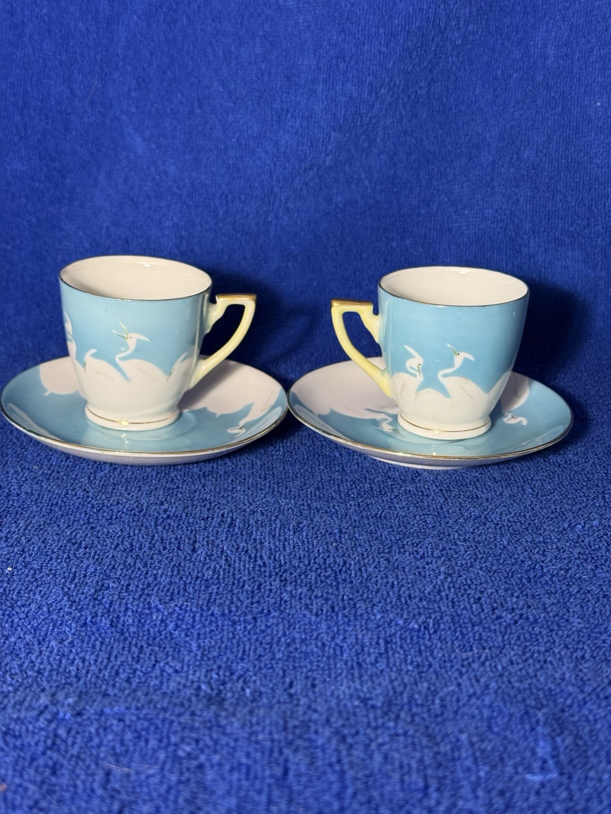 Vtg Chikaramachi Japan Hand Painted Demitasse Cups&Saucers (2) Blue White Cranes Vtg Chikaramachi Japan Hand Painted Demitasse Cups&Saucers (2) Blue White Cranes