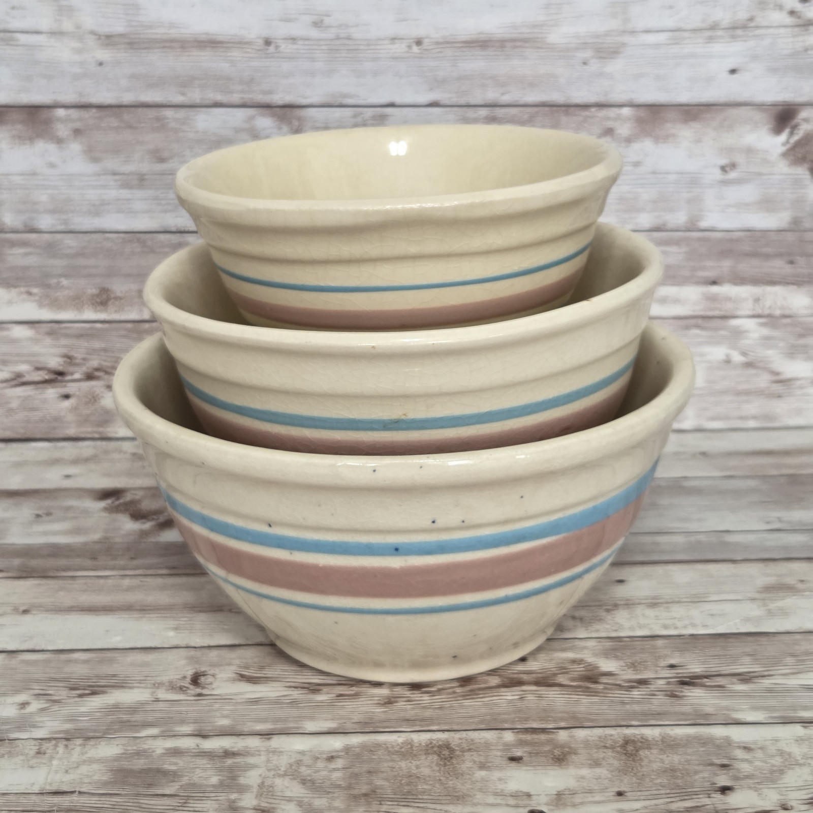 Vintage McCoy Oven Ware Mixing Bowls Set of 3 Pink Blue Stripe # 6 7 8 Shabby