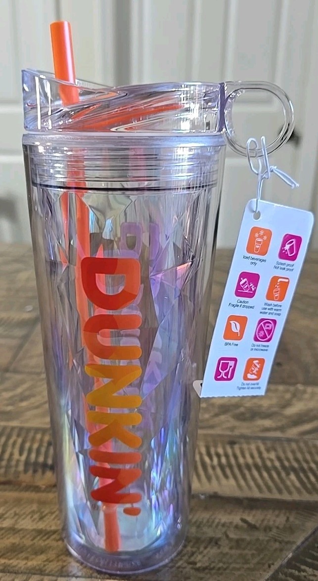 NEW 2025 Dunkin 24oz Insulated Tumbler Acrylic Orange With Straw Brush Cleaner.