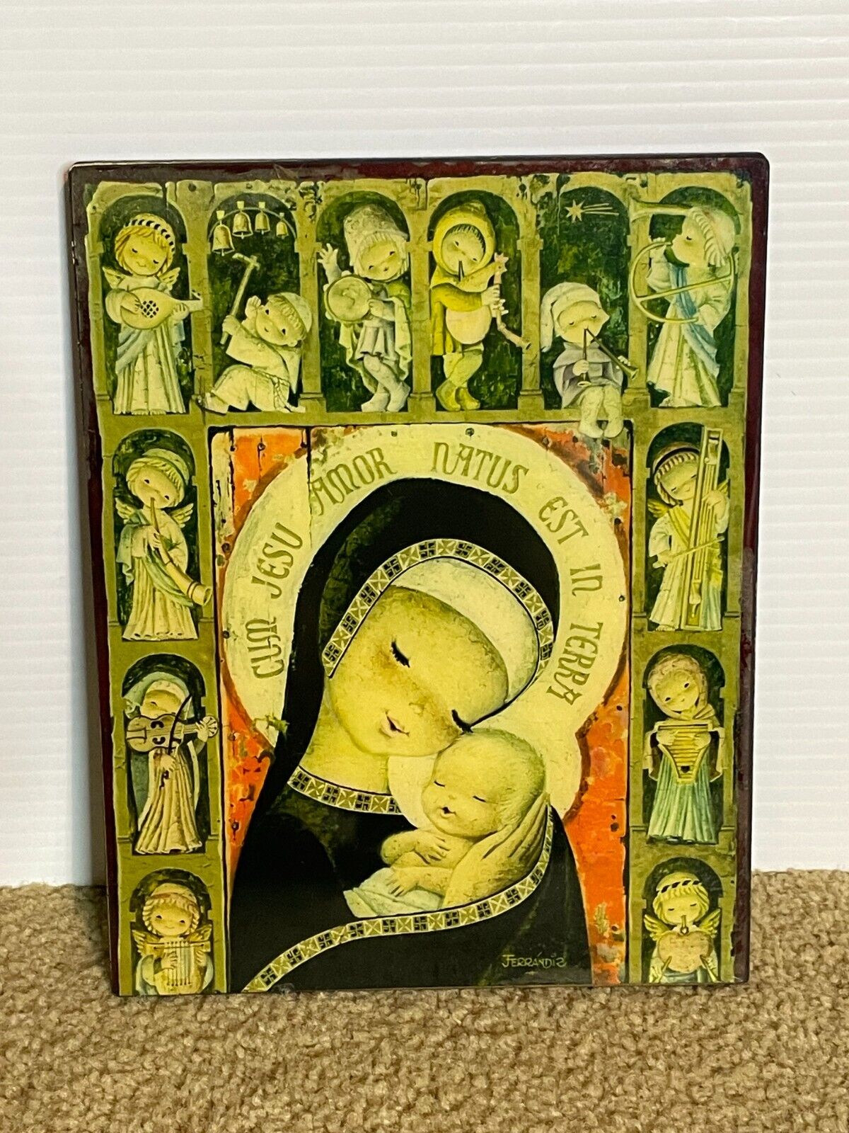 Vintage 60s Virgin Mary Jesus Religious Spanish Christian Wooden Wall Art Plaque
