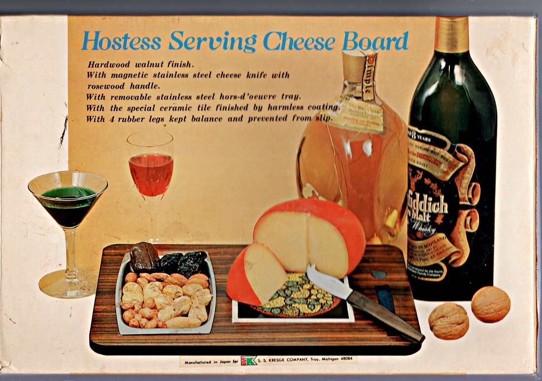 RETRO MCM Hostess Cheese Board Walnut Tile Knife Set With Box KRESGE JAPAN 1970s