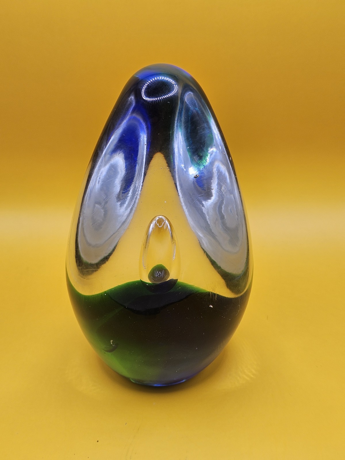 Vintage Murano Style Art Glass Paperweight - Green & Blue Teardrop 5\