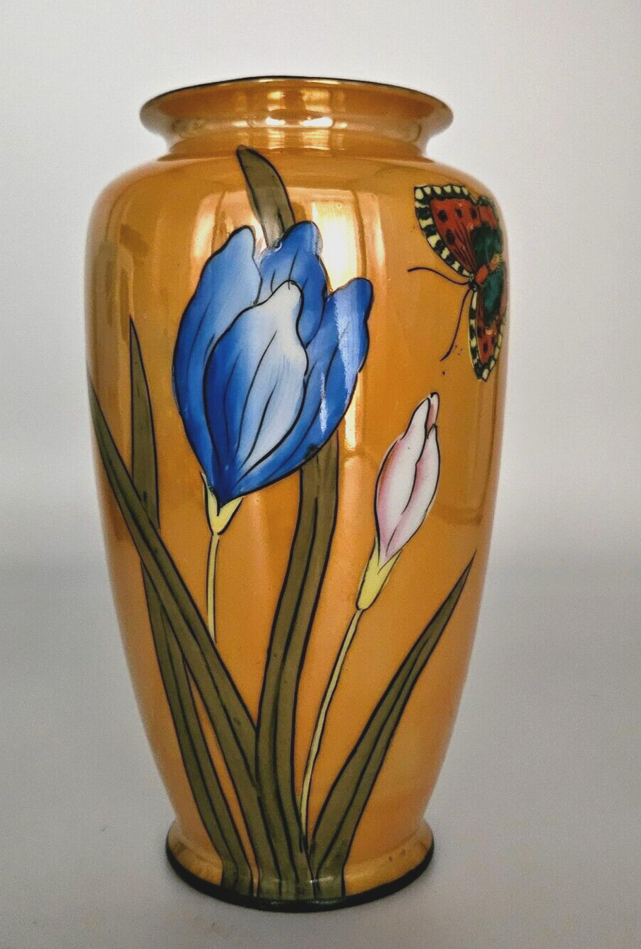 Vintage Lusterware Lustre Vase Floral with Butterfly Hand Painted Japan  7 1/4\