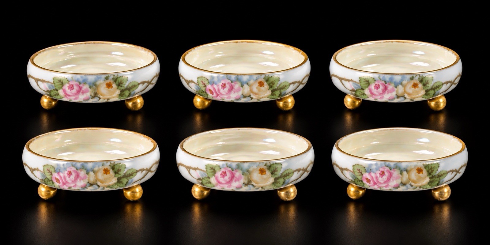 6 Antique Franz Schlegelmilch Nest Salt Dips Cellars Marked Record Gilded CN
