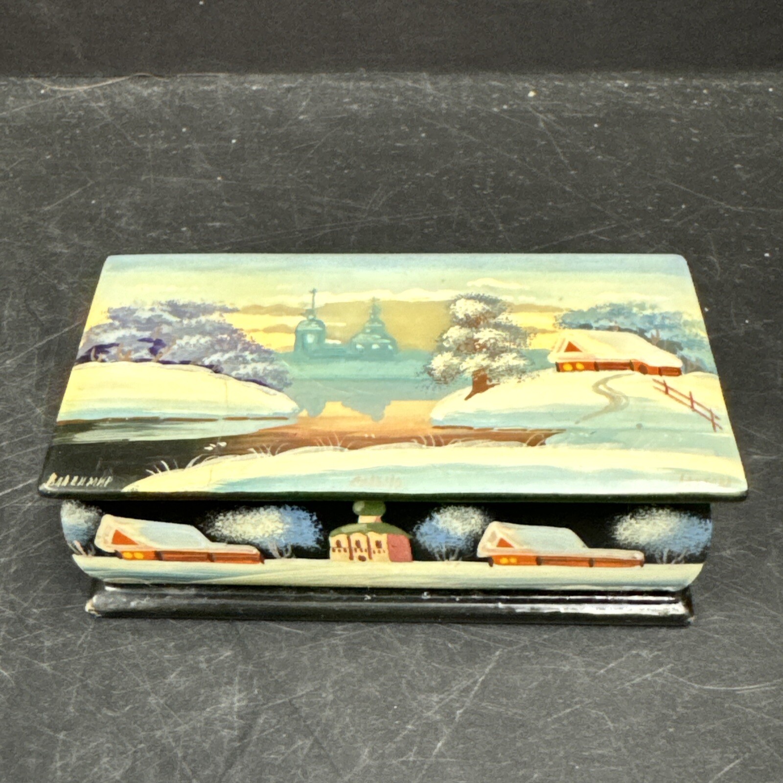 Vintage Russian Hand Painted Small Lacquer Mother Of Pearl Coffin Box Trinket