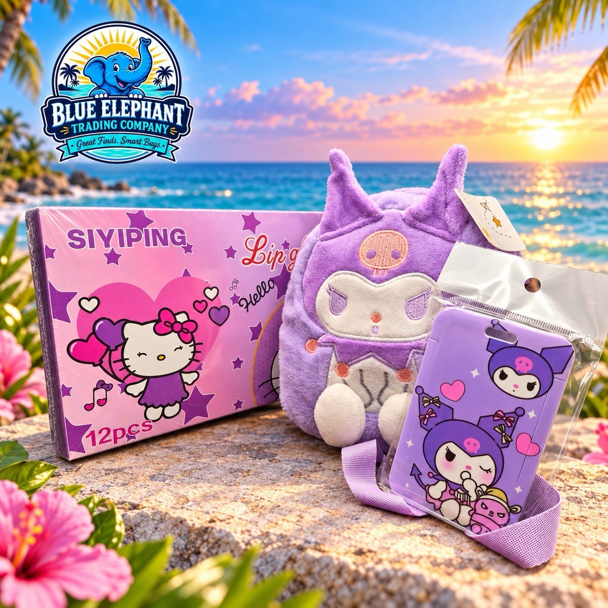 SIYIPING Hello Kitty 12-Piece Lip Gloss Kuromi Plush Bag Card Holder Strap