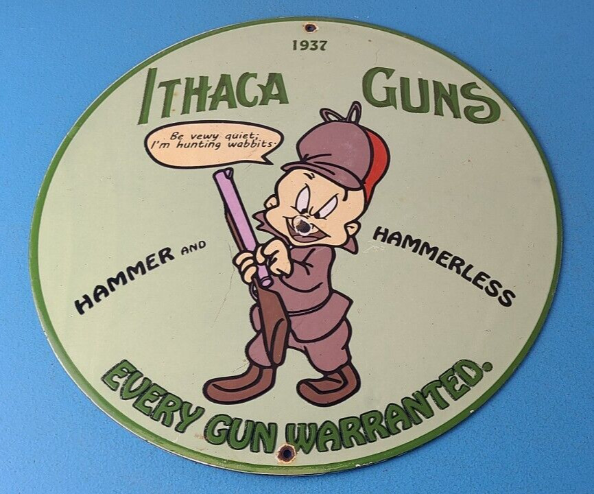 Vintage Ithaca Guns Sign - Firearm Sales Shop Porcelain Gas Oil Pump Plate Sign