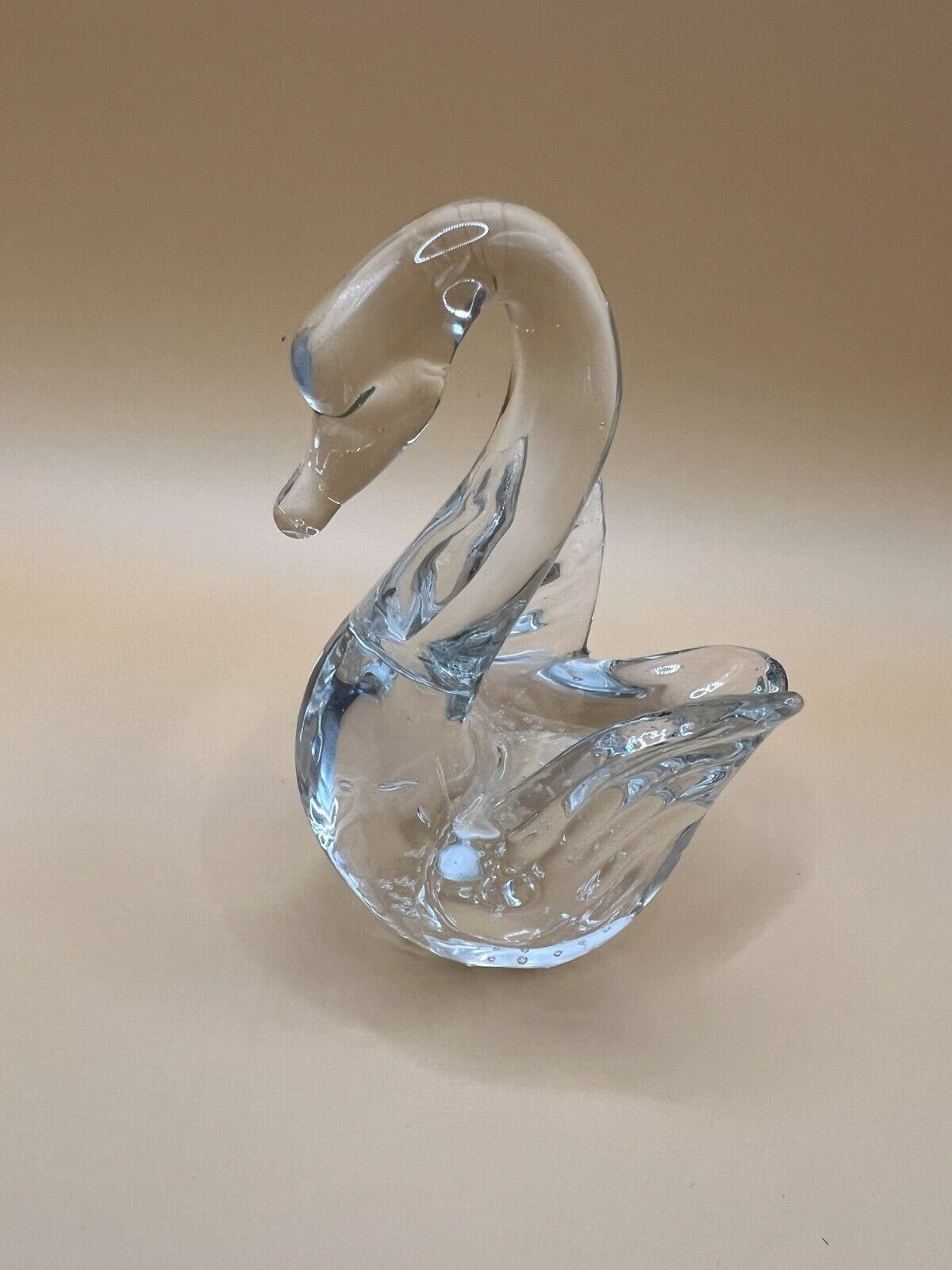 Vintage Art Glass Clear Swan Paperweight Figurine with Controlled Bubbles