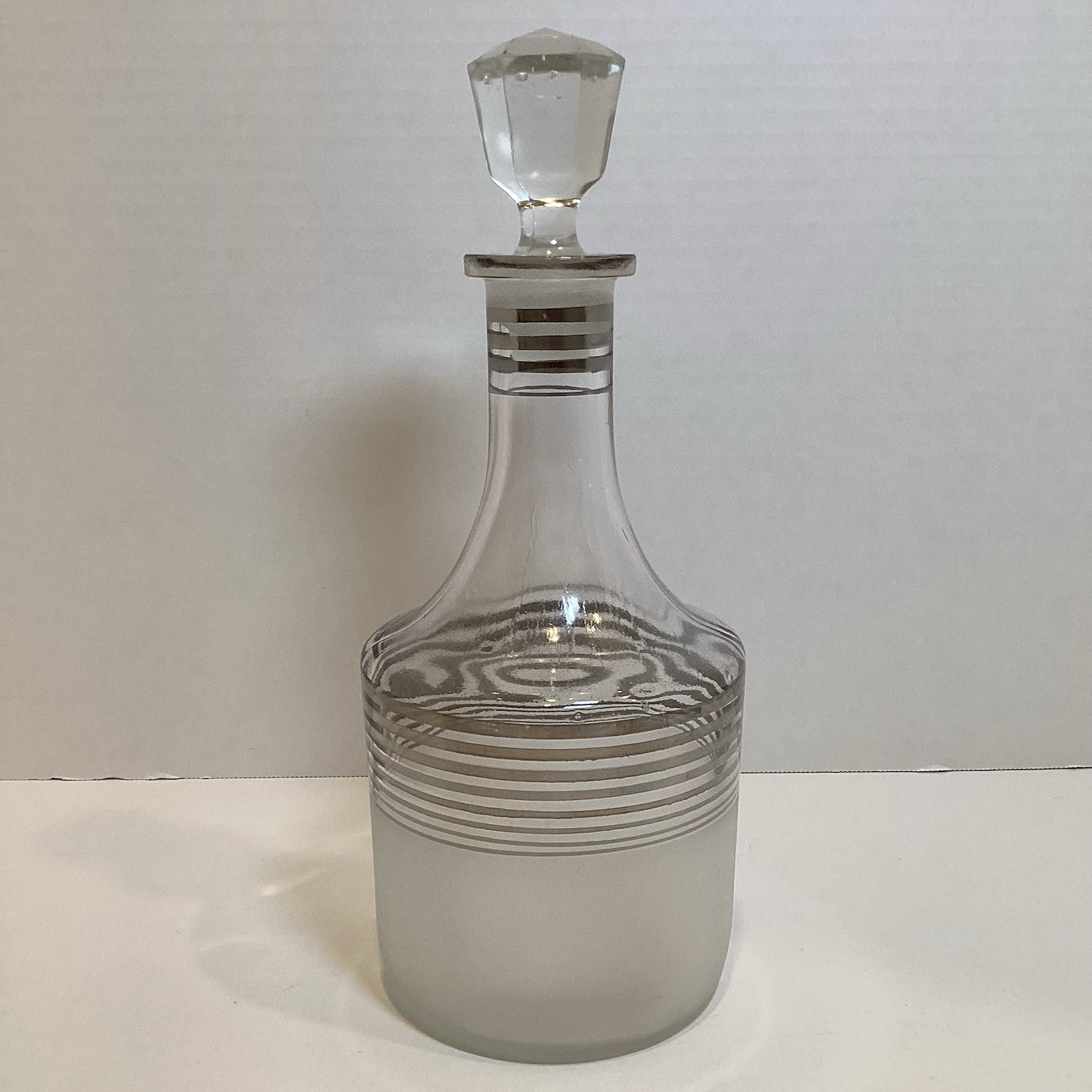 Vintage Mid Century Decanter Half Frosted with Silver Toned Banded Accents