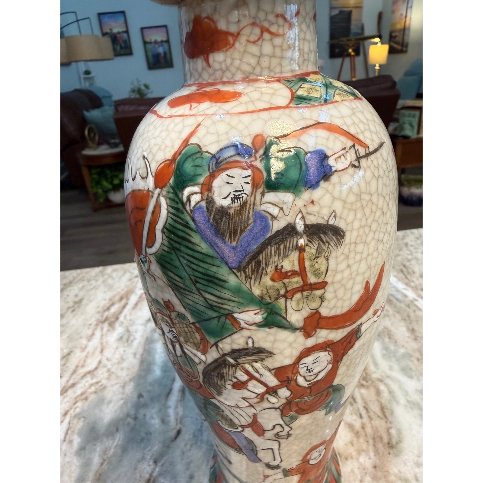 Vintage Chinese Crackle Glaze Ginger Jar Warrior Battle Scene Hand Painted Vase