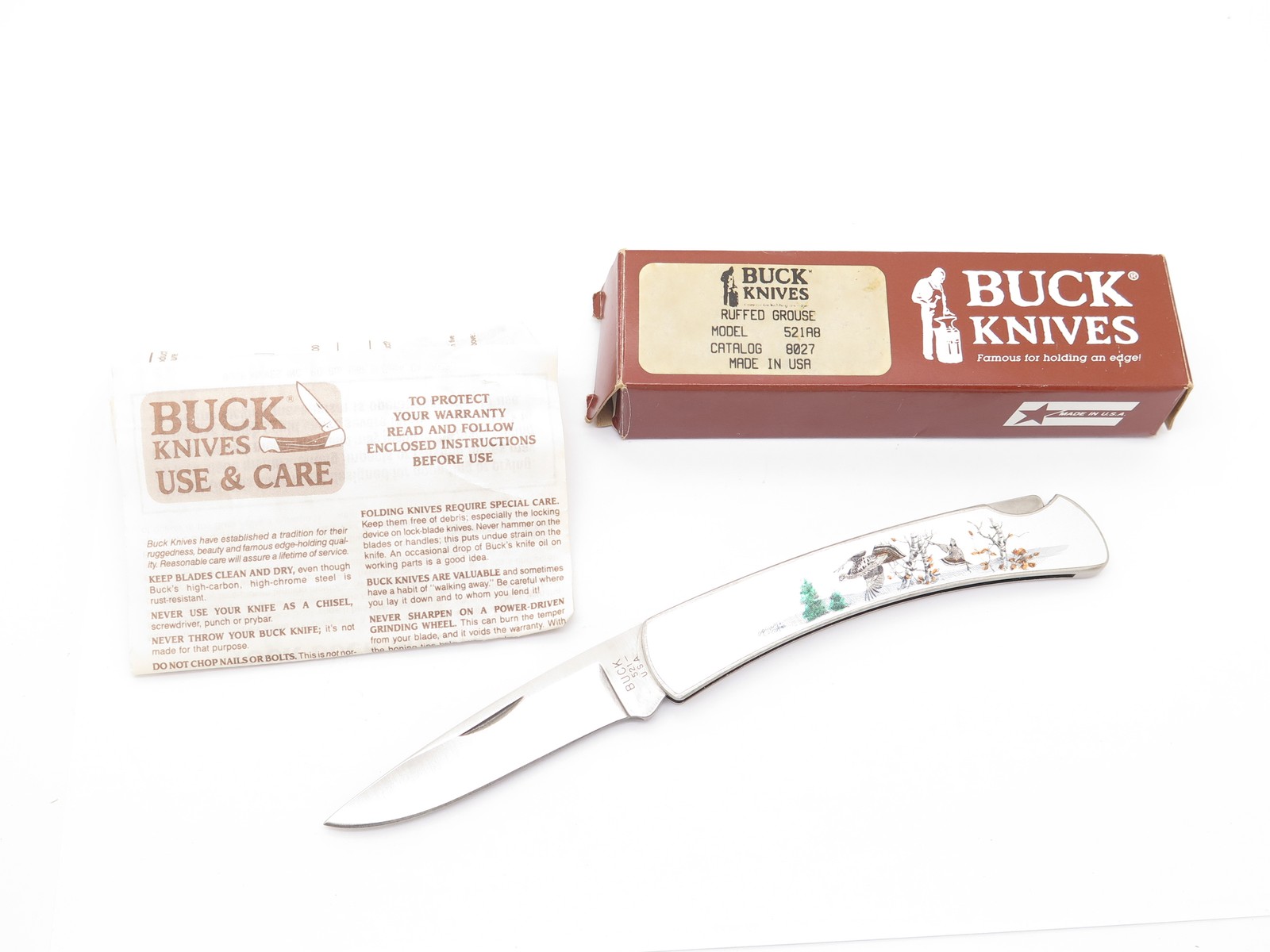 Vtg 1992 Buck 521 Ruffed Grouse Scene Stainless Handle Folding Lockback Knife