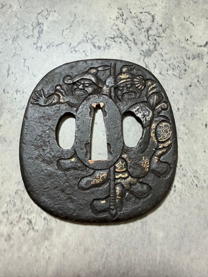 Japanese Iron Tsuba Sword Guard Gold Inlay Warrior Figures 8.4 cm Antique