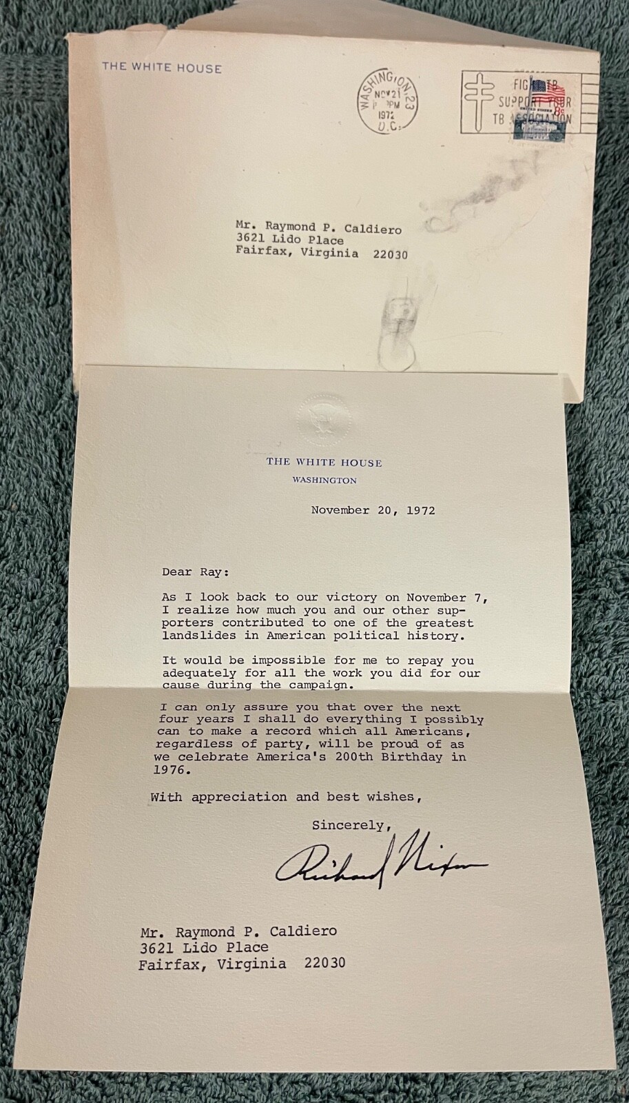Signed Personal Letter from  Richard Nixon 11/20/1972-?? Rose Marie Woods signed