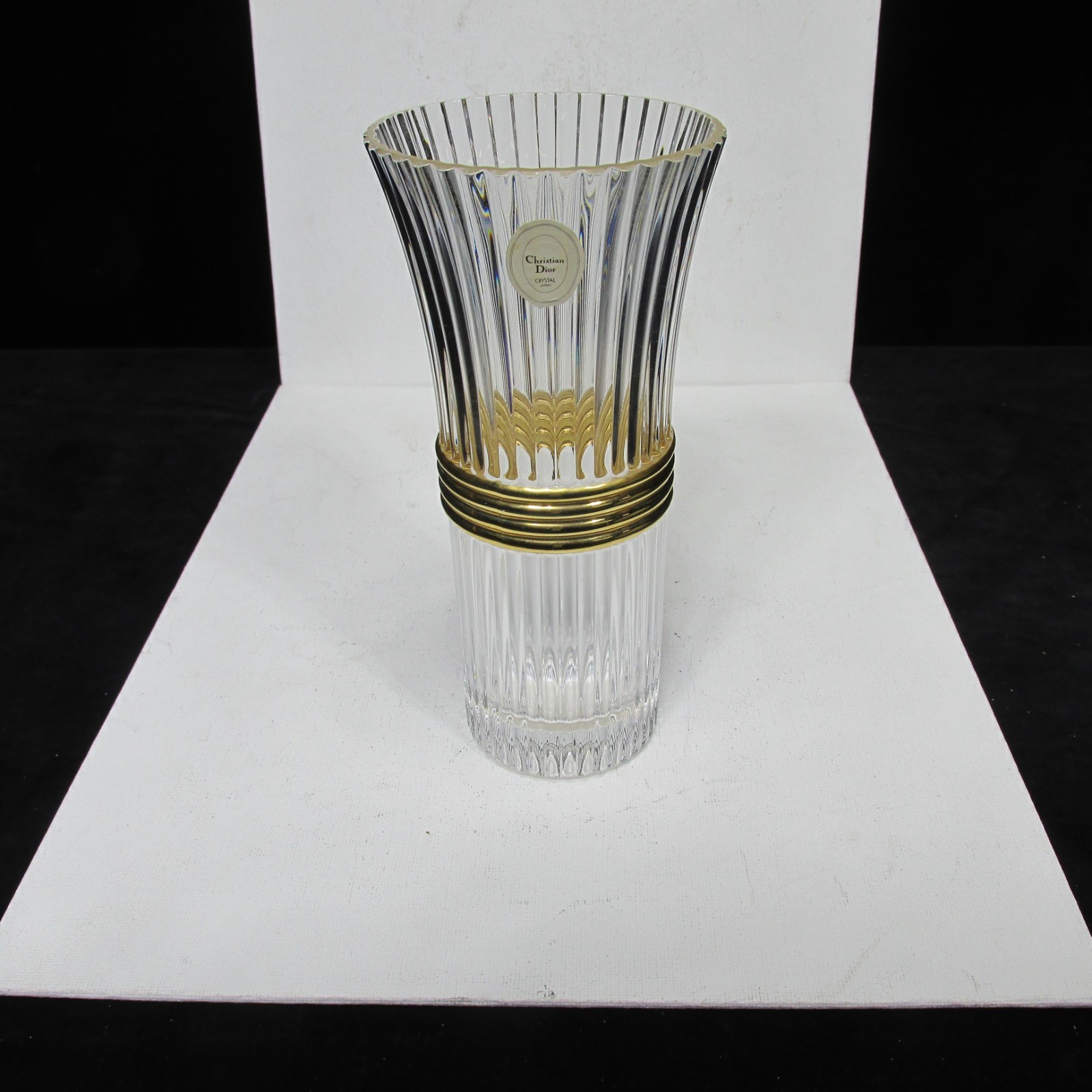 New Christian Dior Signed Crystal Gaudron 9″ Ribbed Gold Vase with tag Japan