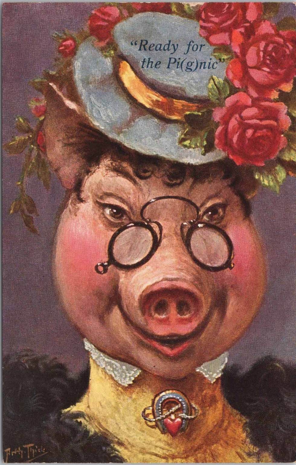 Arthur Thiele Ready for the Pi(g)nic Antique Postcard Anthropomorphic Pig