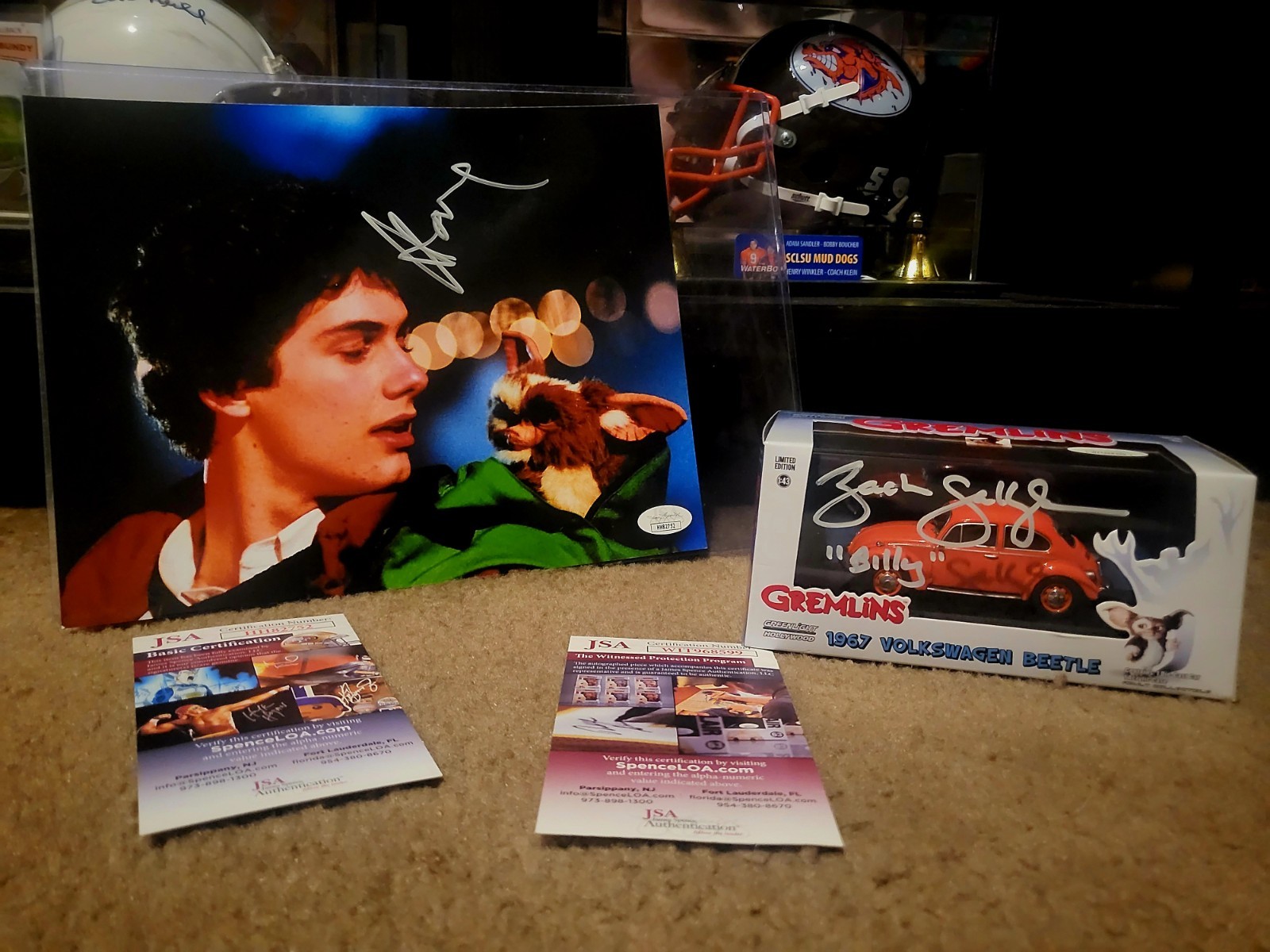 Zach Galligan signed 8x10 & Howie Mandel Signed Action Figure Car JSA Gremlins
