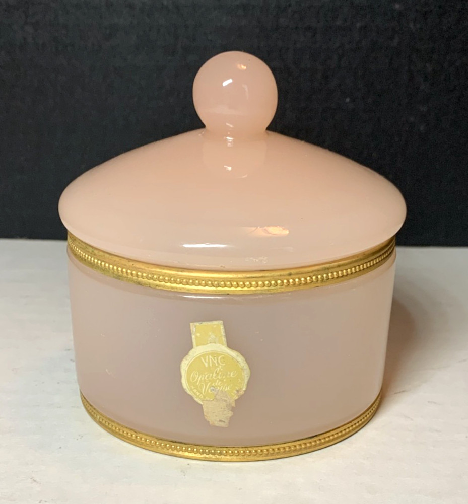 VNC Opaline De Venise Murano Pink Vanity Lidded Jar Powder Box Beaded Rim Vtg