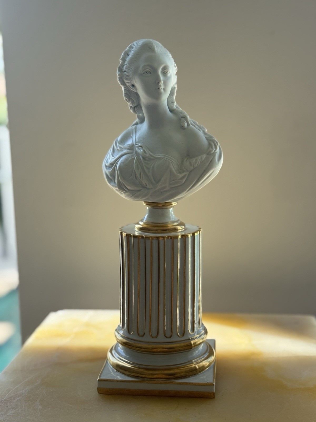 Antique 18c Sevres Porcelain Bust Of Madame Du Barry On Gold Fluted Pillar