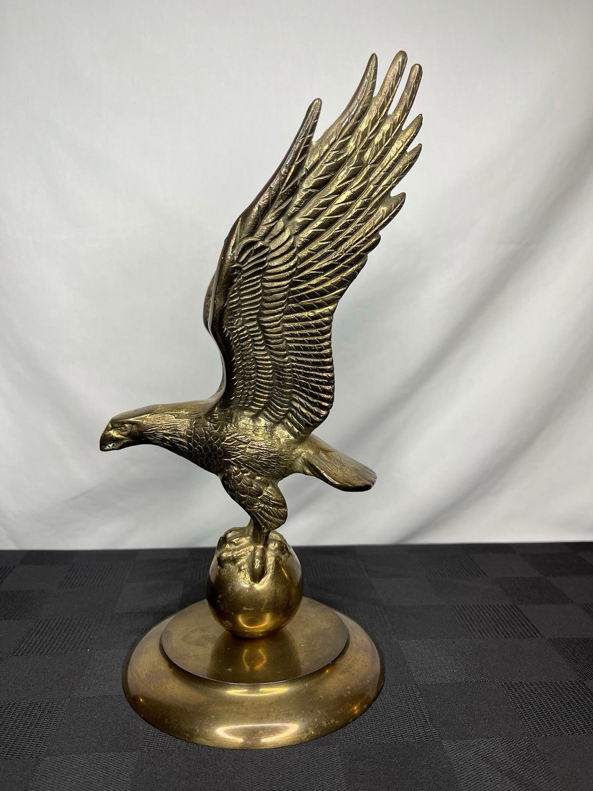 Vintage Large 11.5 inch Flying Eagle Carrying Globe Earth Solid Brass Statue