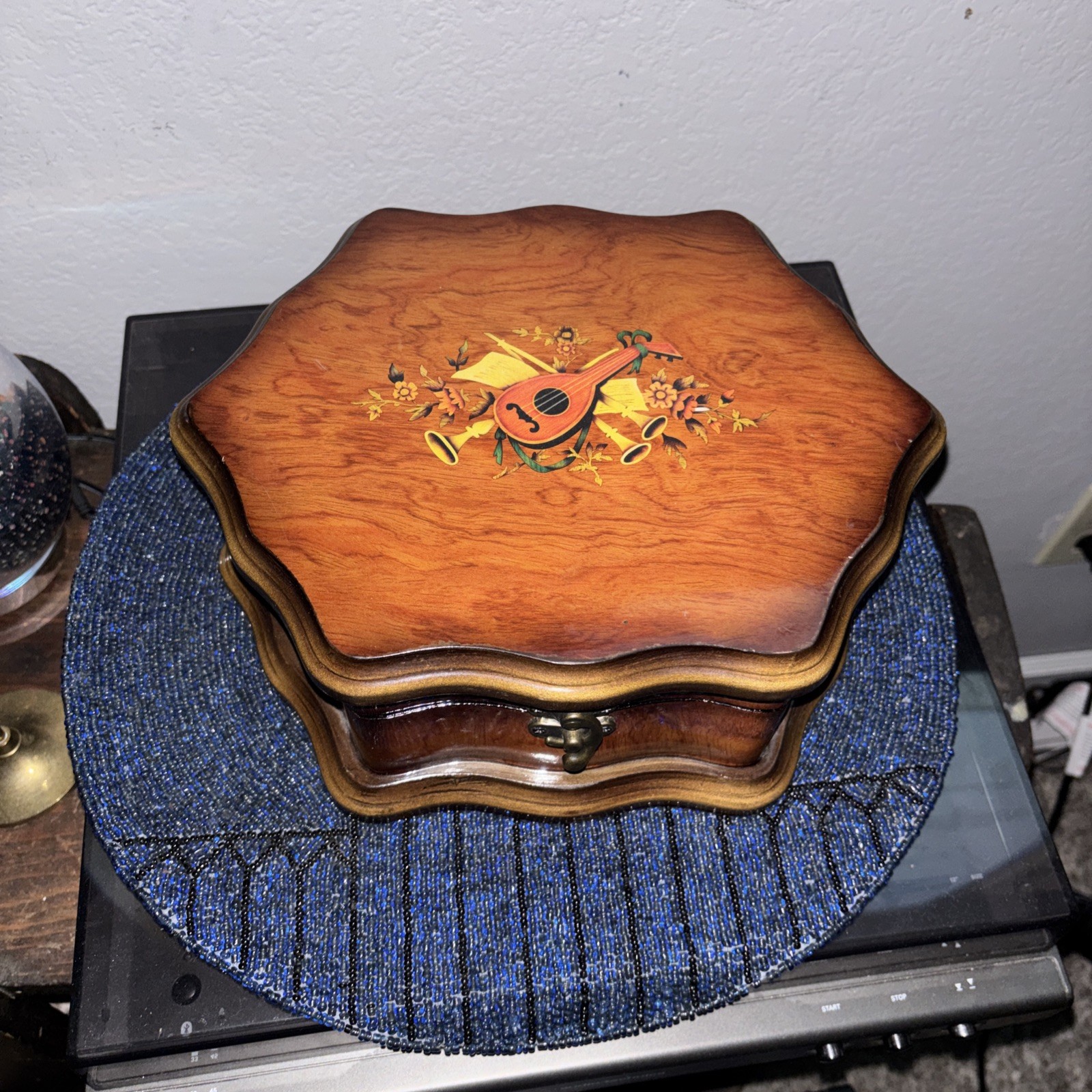 Vintage Italian Sorrento Style Inlaid Wood Instrument Jewelry Trinket Vanity Box