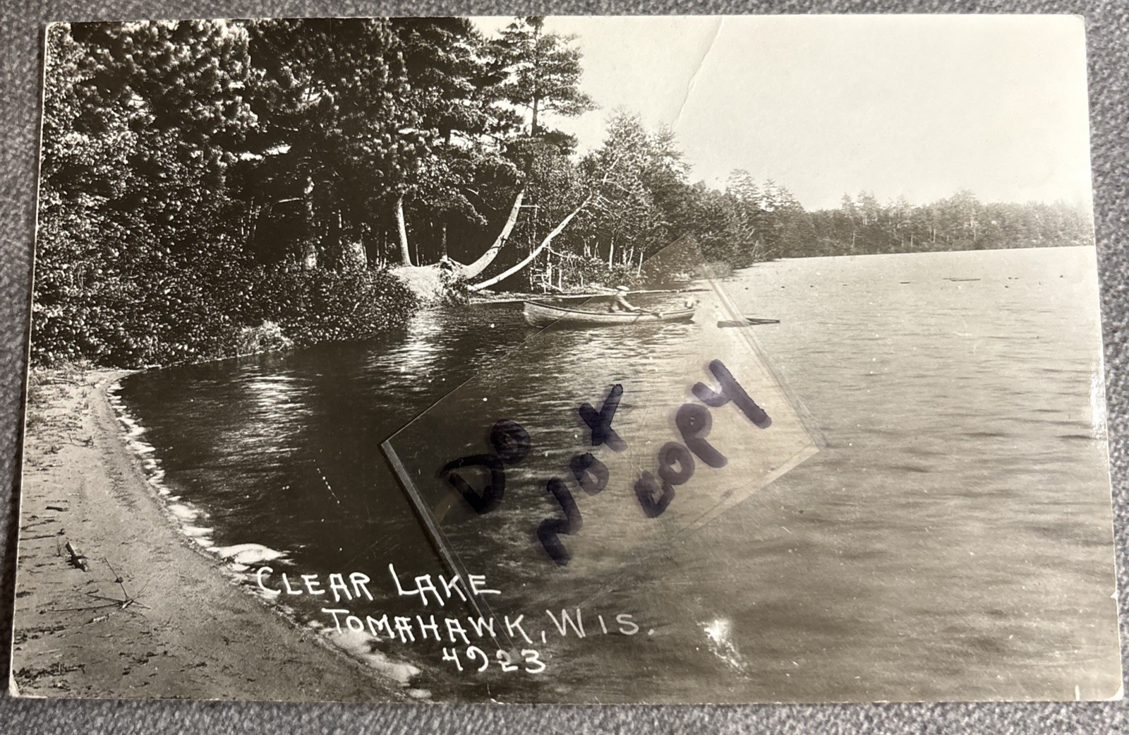 Tomahawk WI Clear Lake Man In Boat Real Photo Postcard Wisconsin RPPC 1934 PM