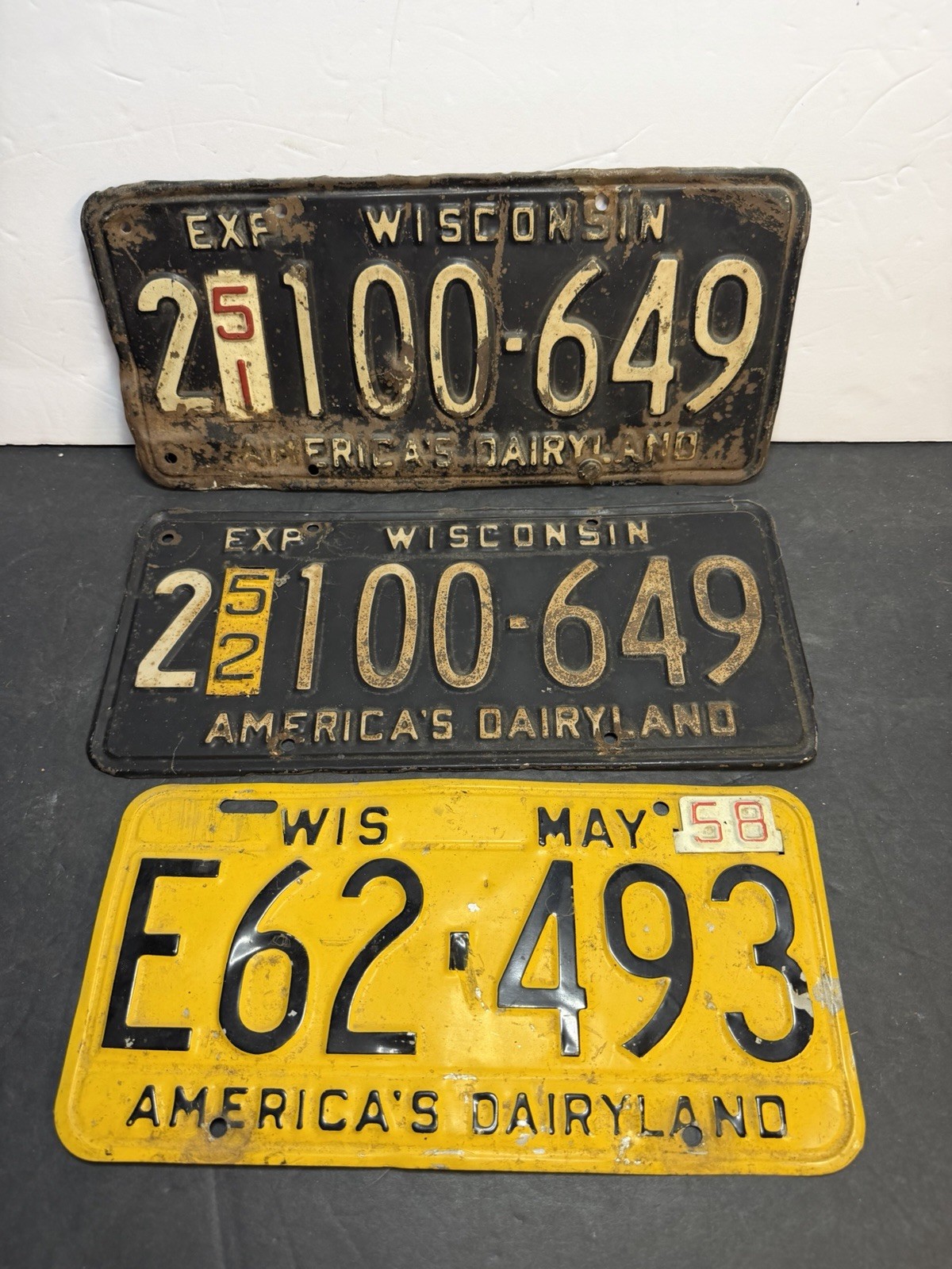 Lot Of 3 Vintage Wisconsin Dairyland License Plates - Matching 51’&52’ + 58’