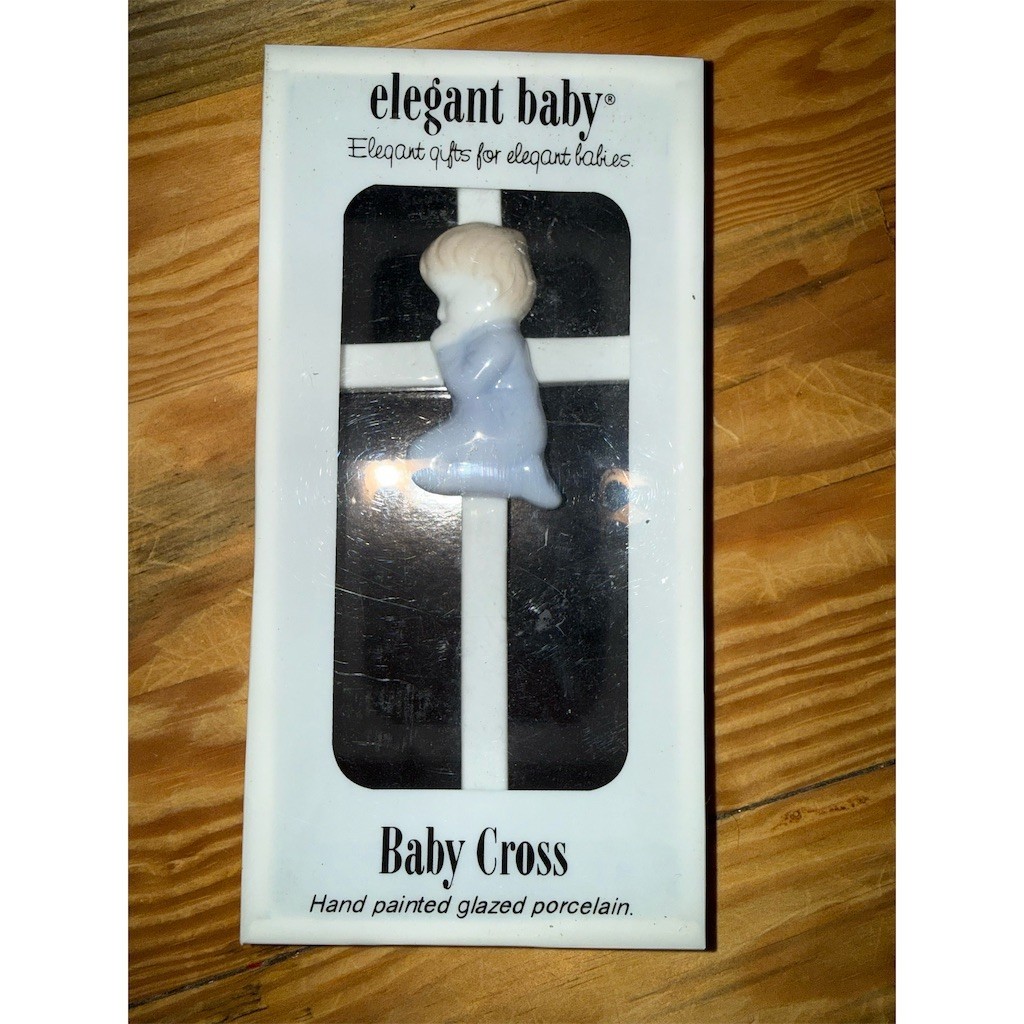 Elegant Baby Cross Wall Plaque Praying Boy Blue Hand Painted Glazed baptism gift