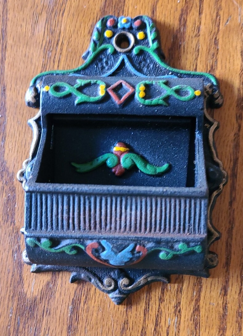 Vintage Wilton Cast Iron Match Holder Box Hand Painted Wall Mount 