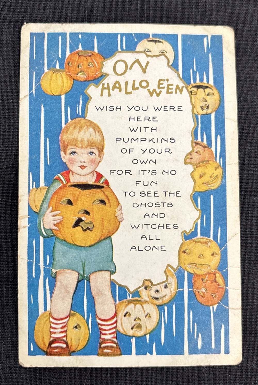 Vintage On Halloween Postcard Whitney Made Boy With Jack-o-Lanterns Antique
