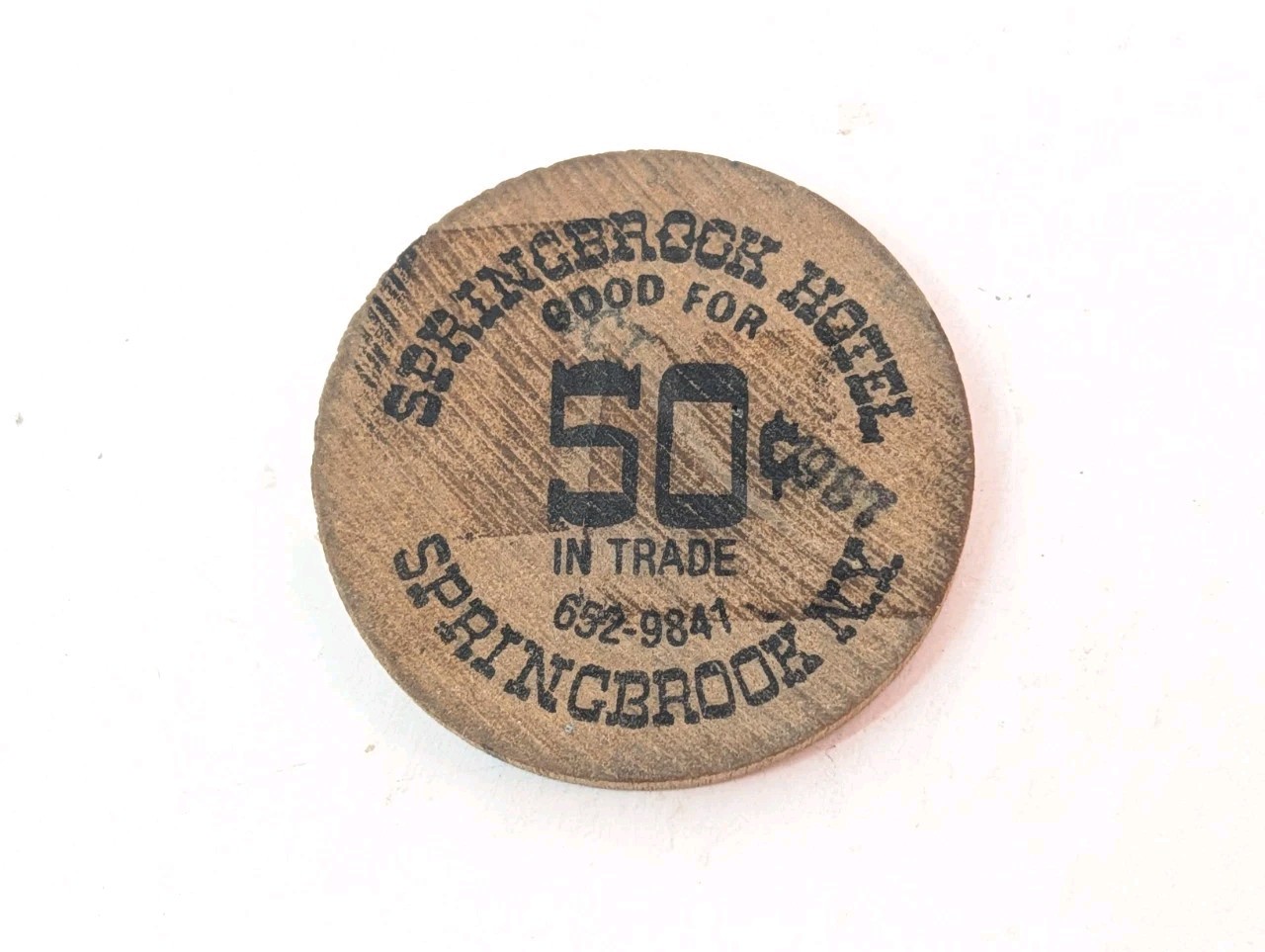 Springbrook Hotel Springbrook, NY Wooden Nickel Drink Token New York Vintage