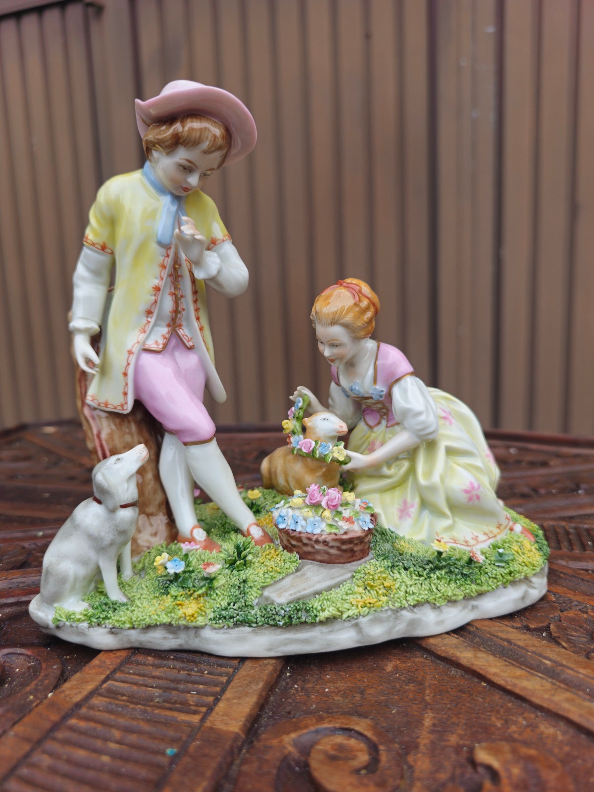 Vintage German unterweissbach marked porcelain statue couple dog lamb flowers