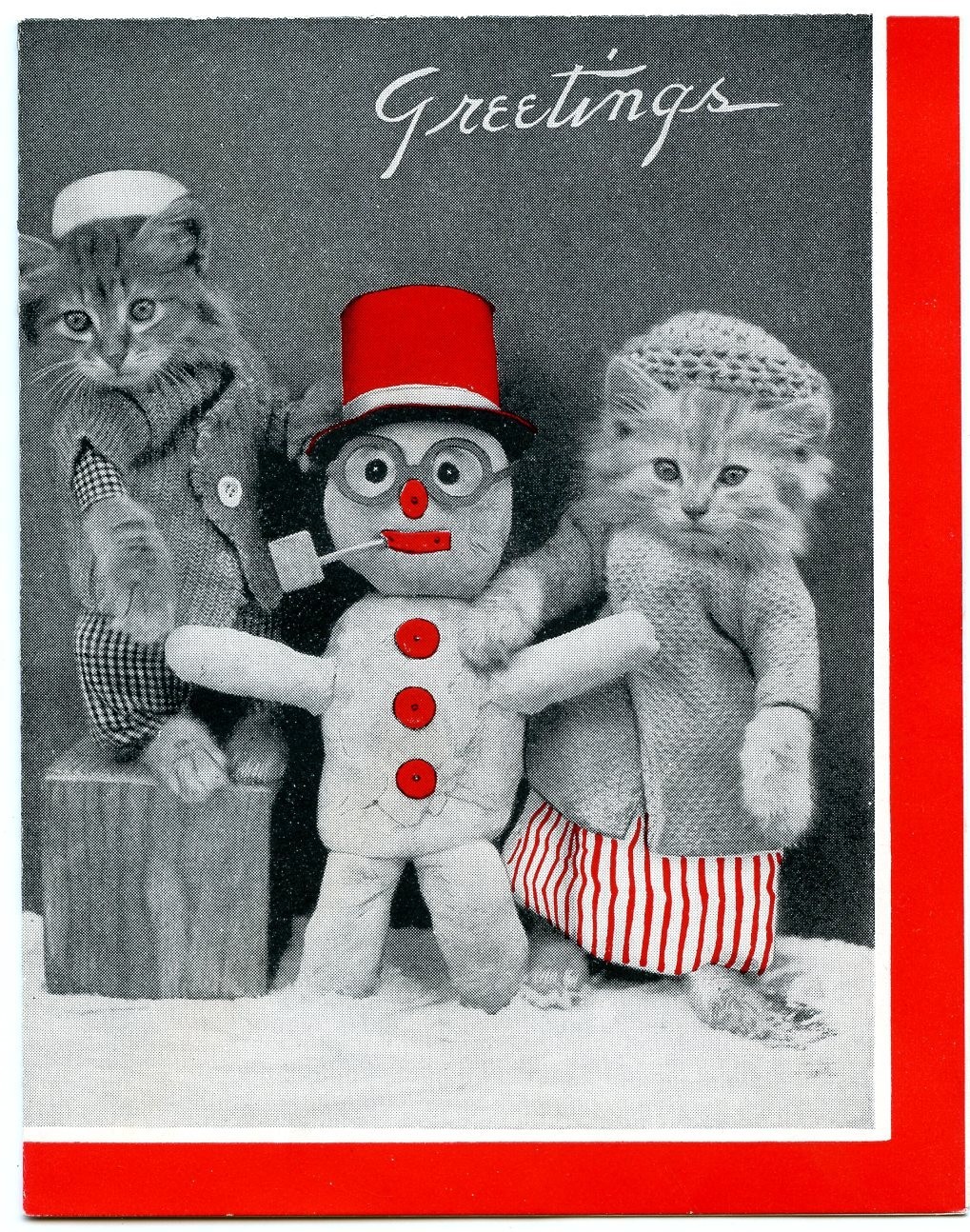 KITTY CATS KITTENS POSING WITH SNOWMAN VTG 1937 CHRISTMAS GREETING CARD