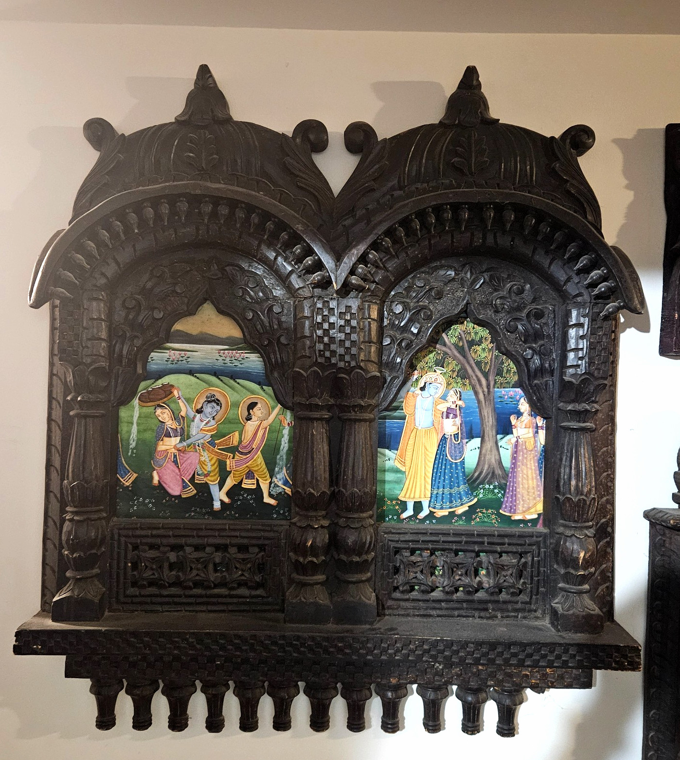 Vintage Indian Krishna Radha Gopis Hand Painted Carved Wood Temple Wall Panel