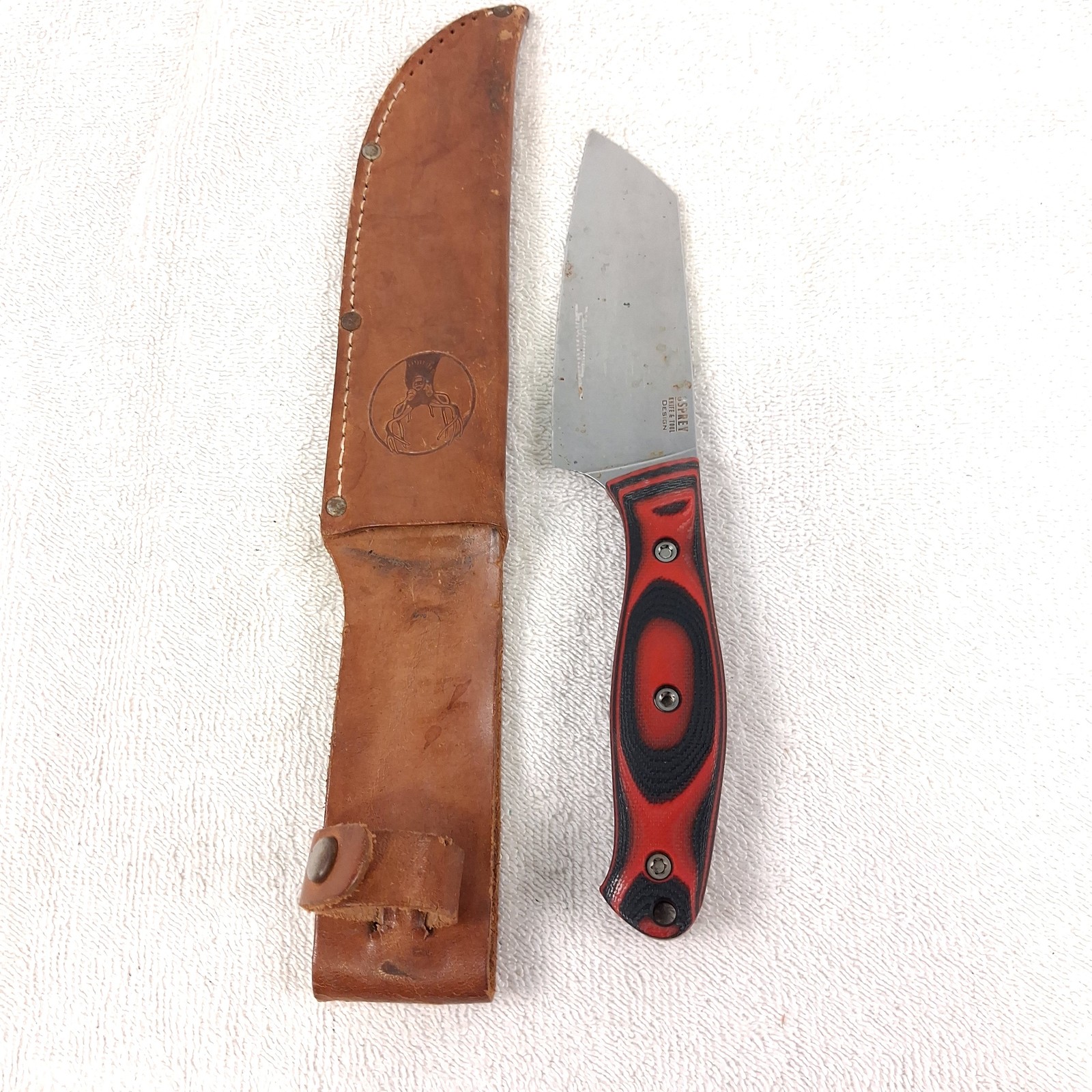 RMJ Tactical Osprey Fixed Blade Knife Red Black G10 Handle Leather Sheath