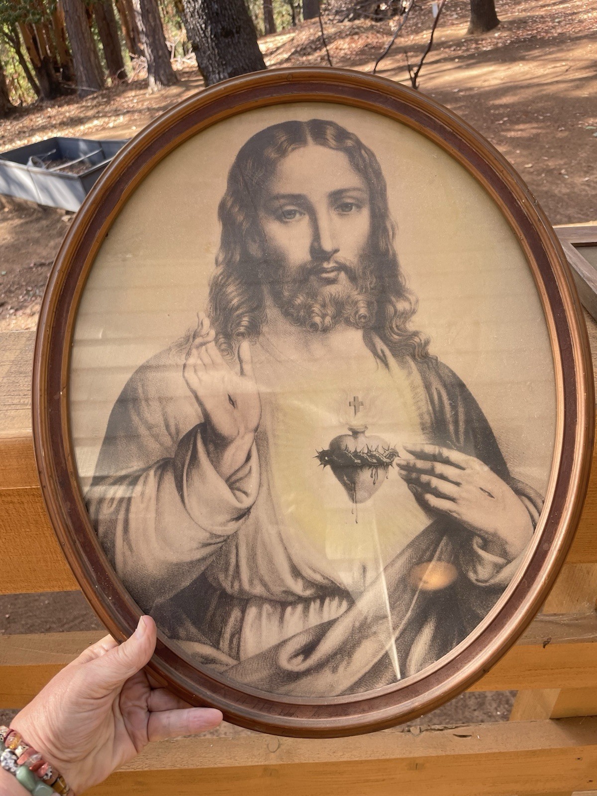 Antique Framed Oval Sacred Heart of Jesus Print Picture, Christian Christianity