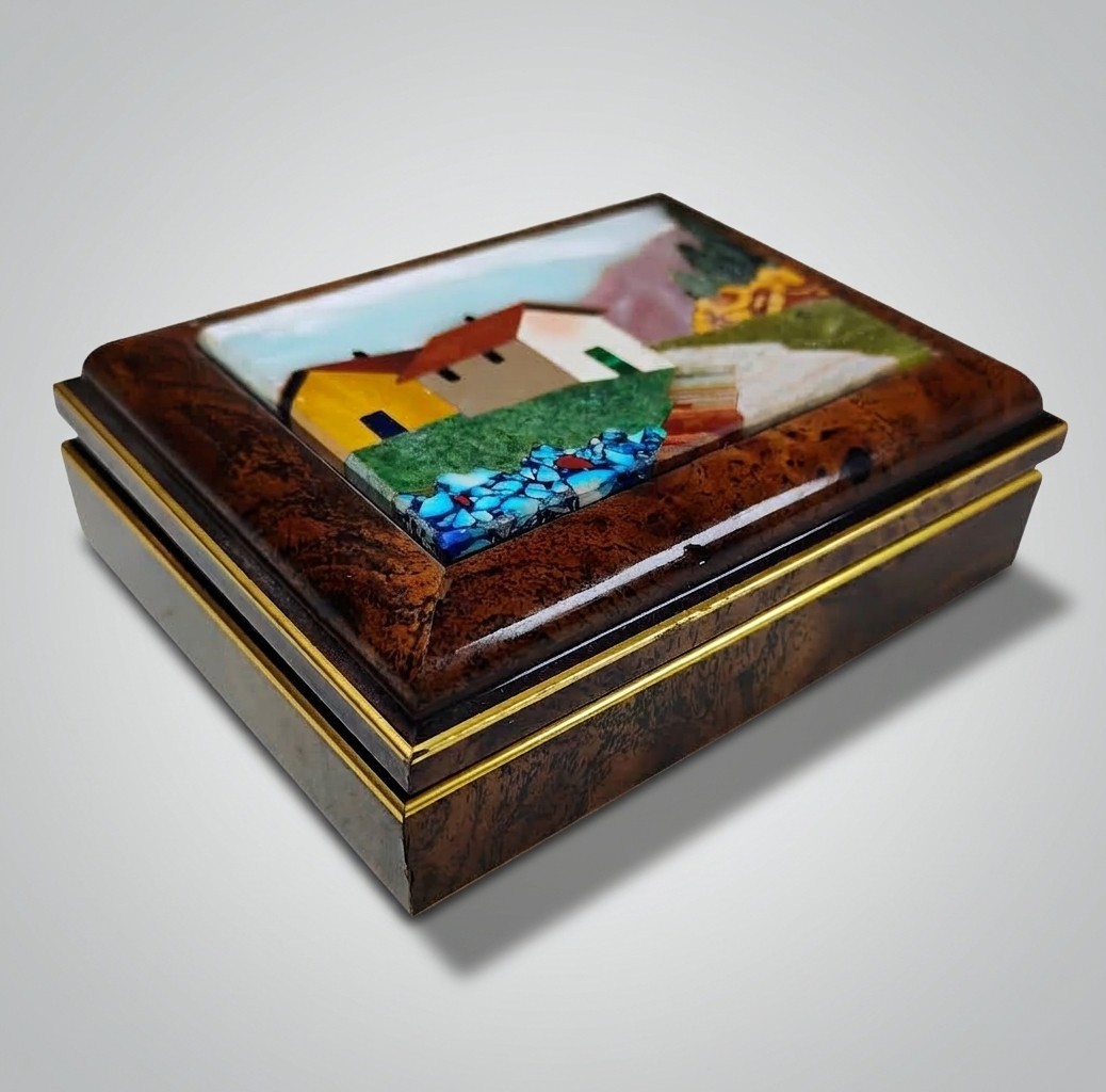Pietra Dura Italian Burlwood Box Tuscan Landscape Stone Mosaic Brass Trinket