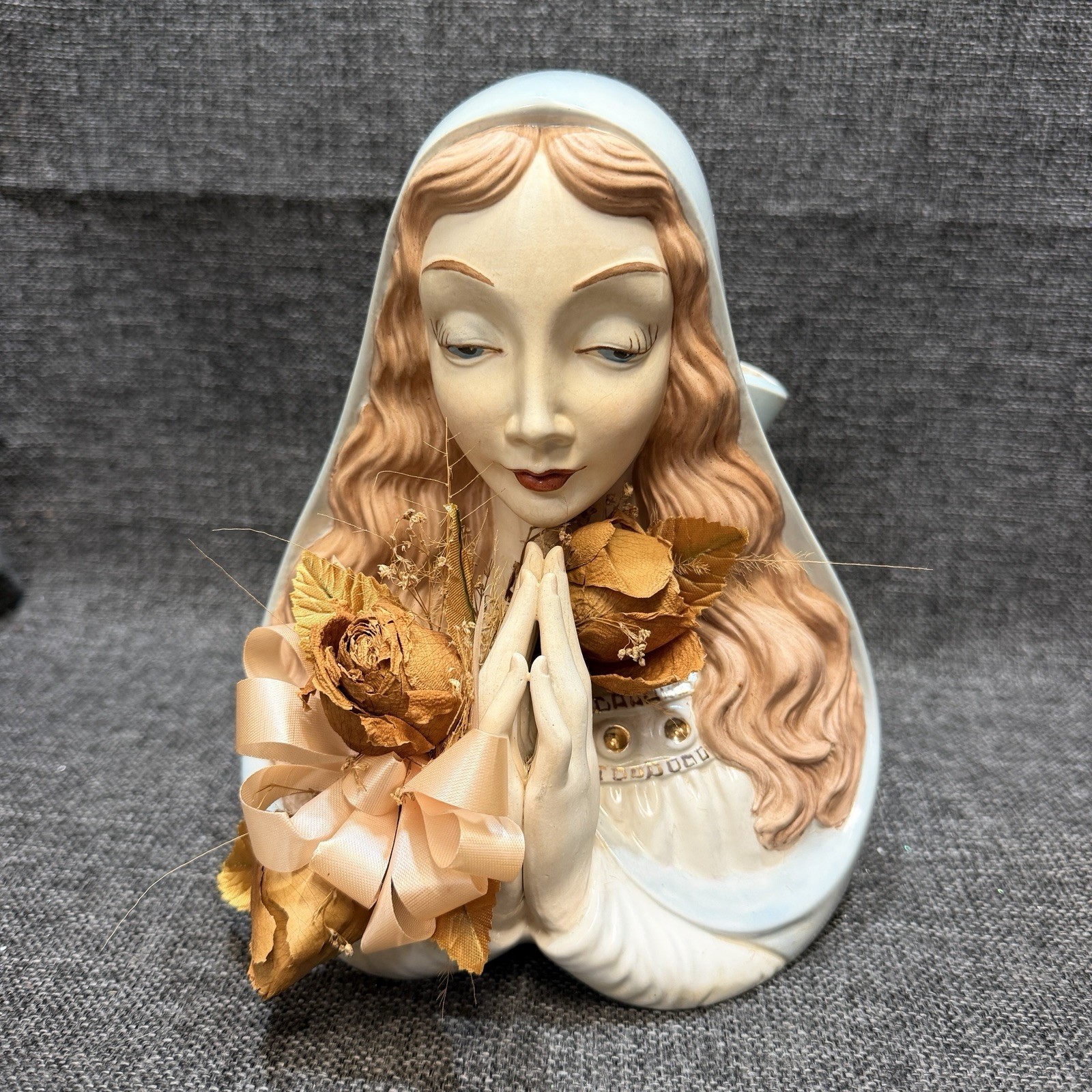 Vintage 1973 Duncan Praying Madonna Planter Hand Painted Ceramic Virgin Mary
