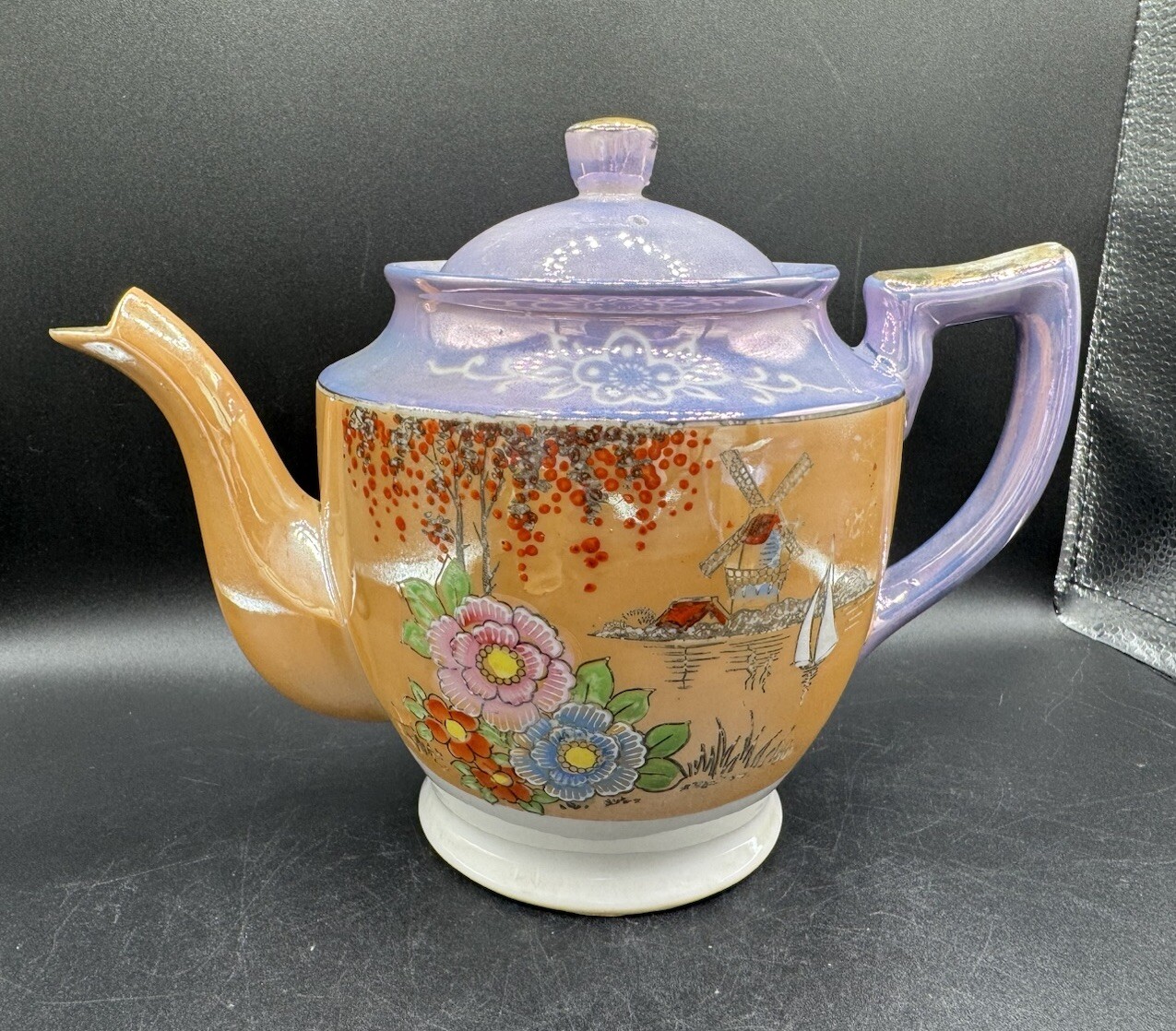 Vtg Lusterware Teapot Gold Peach Blue Cherry Blossom Floral Windmill Boat Japan 
