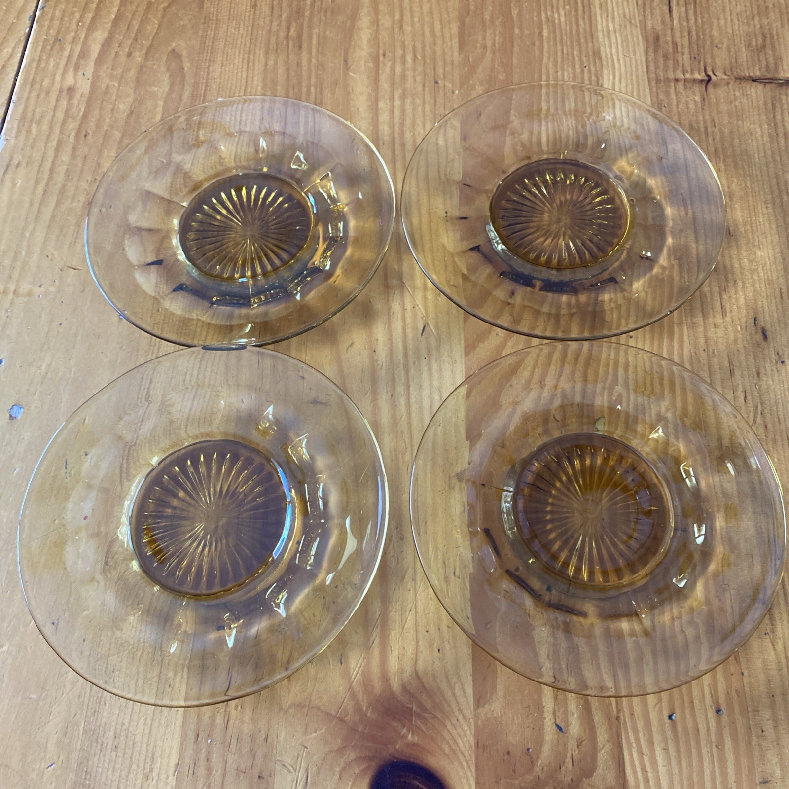Vintage Amber Thumbprint Kings Crown Indiana Glass Dessert Bread Plates Set Of 4 Vintage Amber Thumbprint Kings Crown Indiana Glass Dessert Bread Plates Set Of 4
