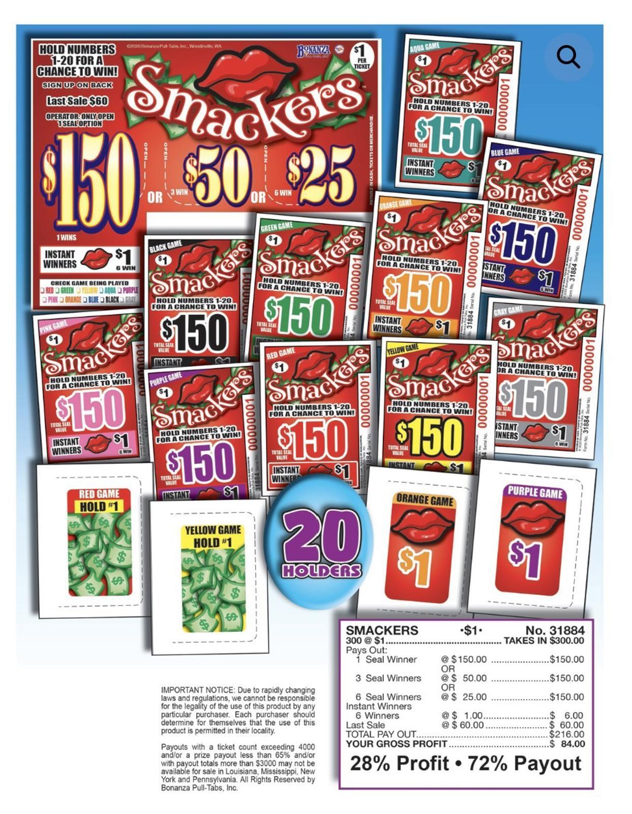 Pull Tab Ticket - Hard Card Tickets - Game - Smackers 300 ct 
