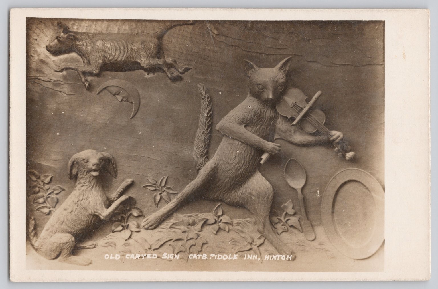 RPPC Old Carved Sign Cat & Fiddle Inn Hinton UK Hey Diddle Diddle Nursery Rhyme
