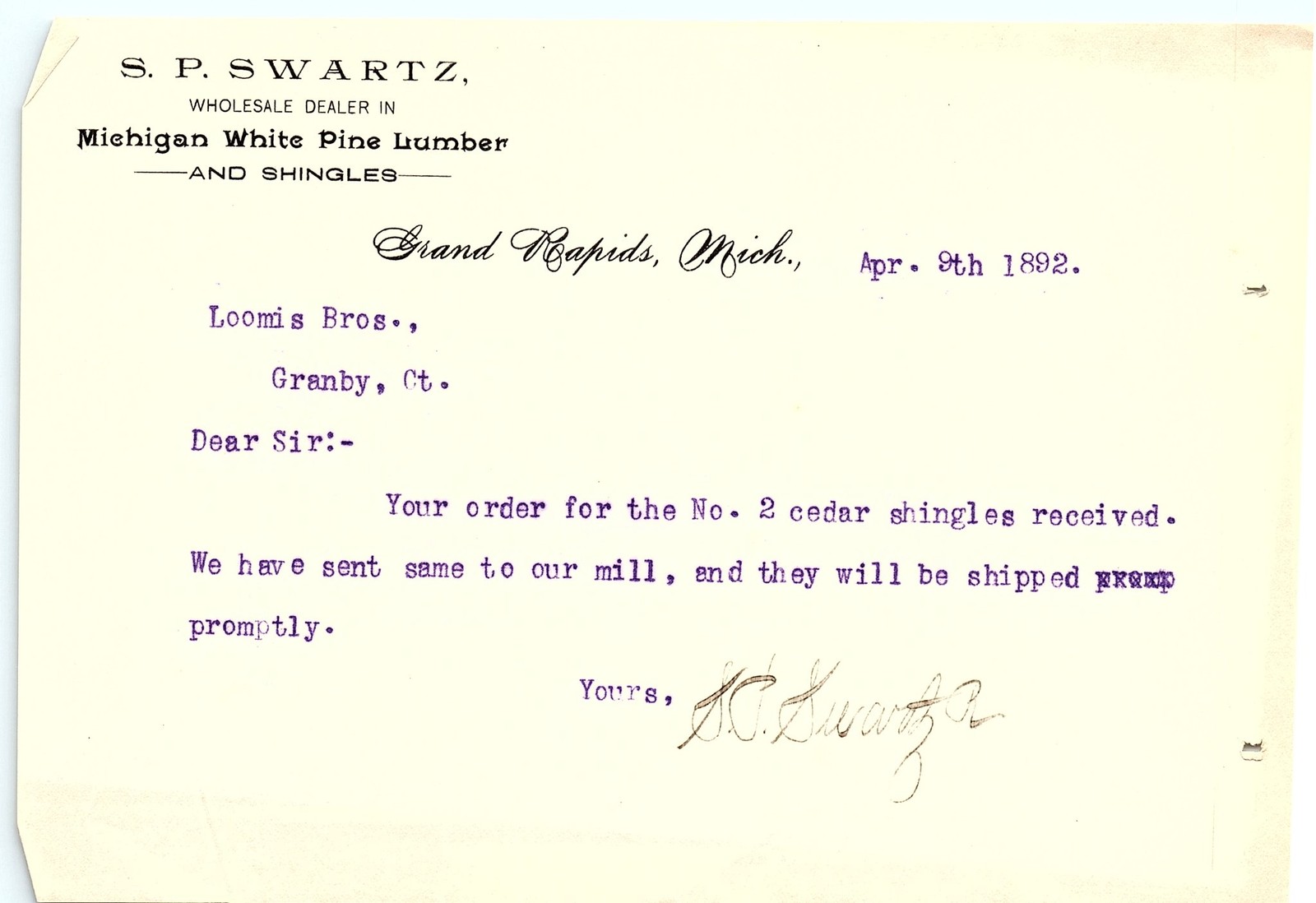 1892 S.P. Swartz Michigan Lumber/Shingles letterhead