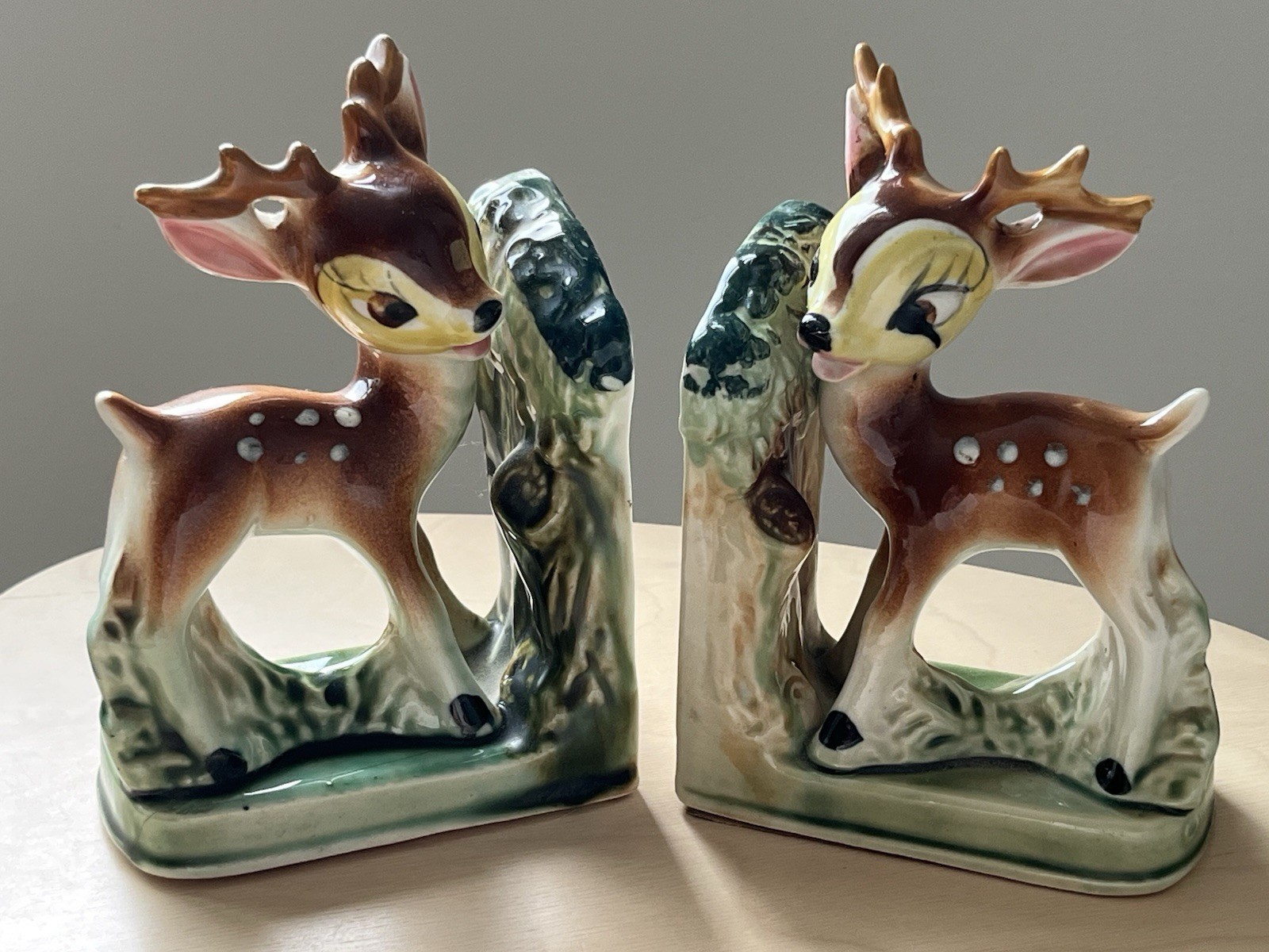 Vintage 40s Pastel Ceramic Bambi Baby Bookends Deer Fawn Fairytale Kitsch