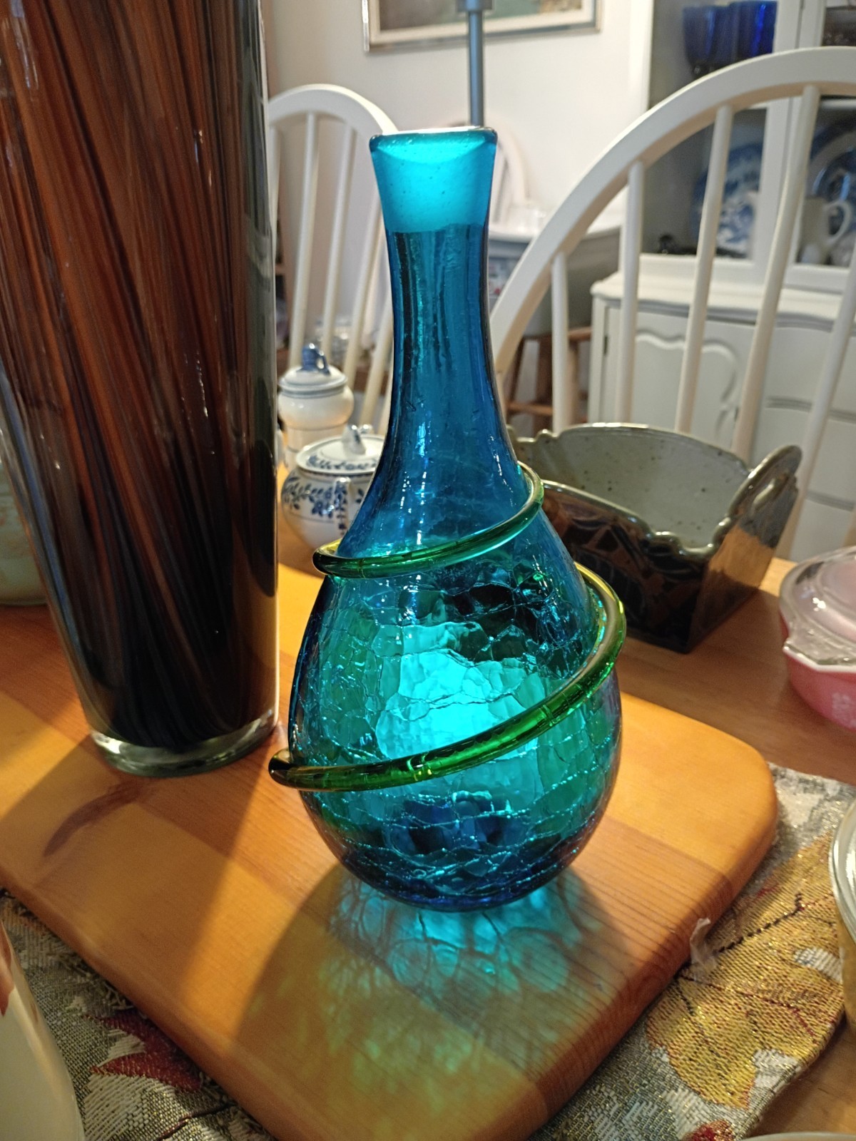 BLENKO JOEL MEYERS Crackle Glass Decanter 1960s MCM Turquoise Blue W/ Olive 11