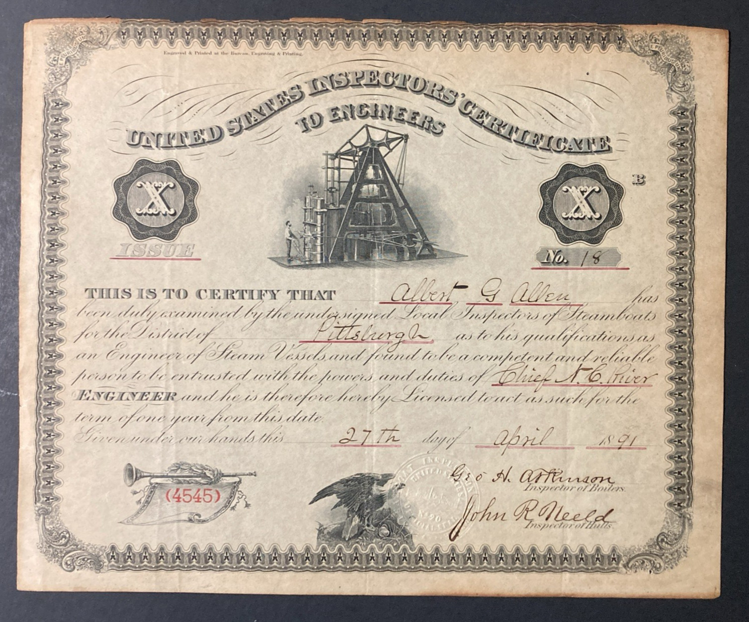 Vintage 1891 United States Inspectors' Certificate To Engineers