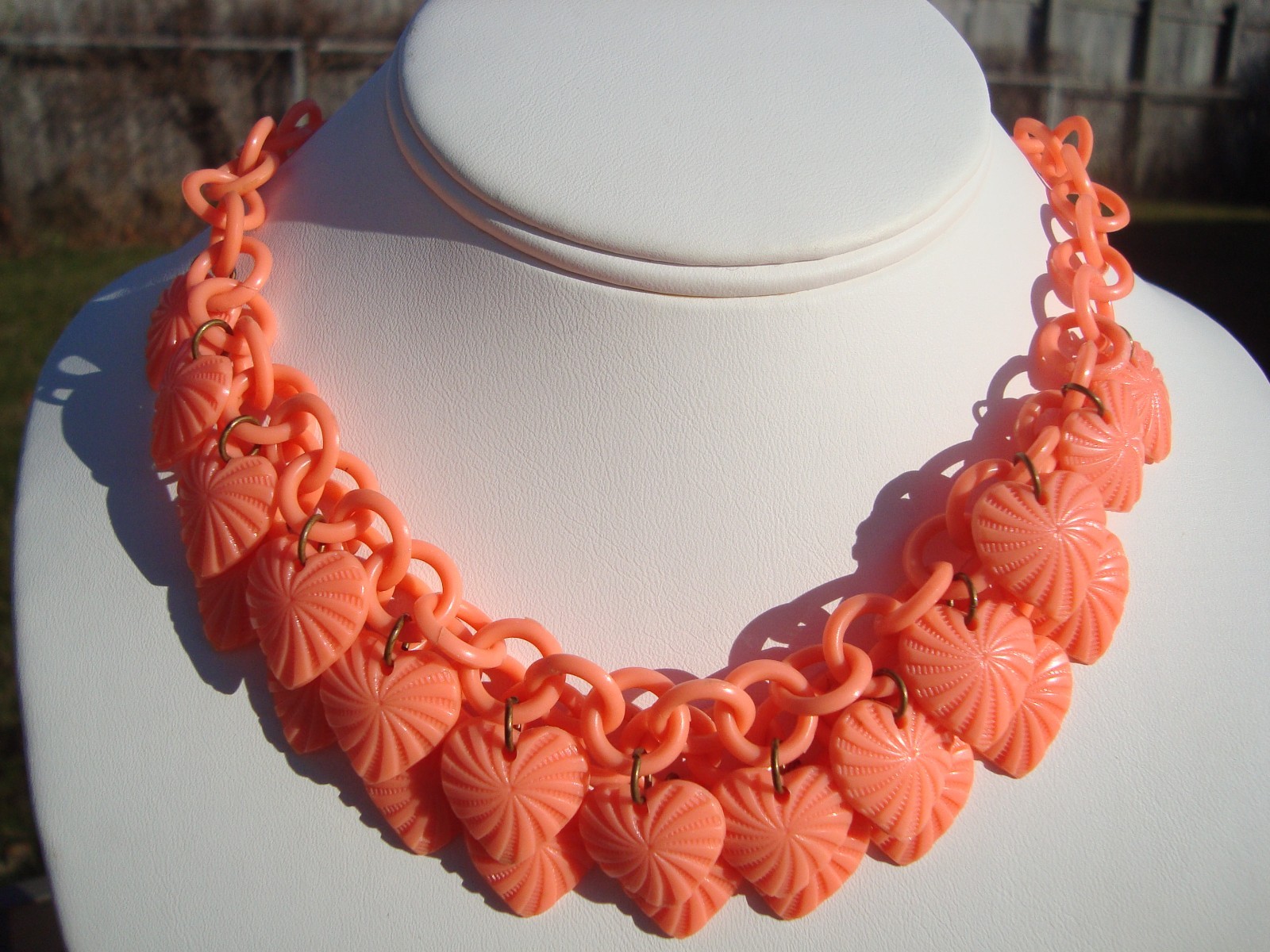 Rare Vintage Double Strand Celluloid Necklace Bracelet Set with Heart Charms