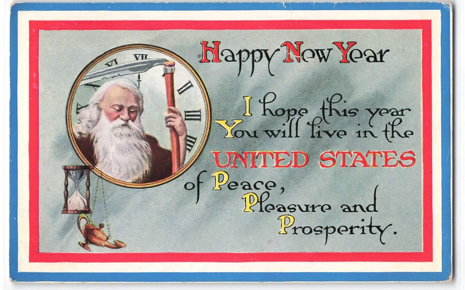 Early 1900's New Years Postcard Patriotic Father Time, Hourglass, United States