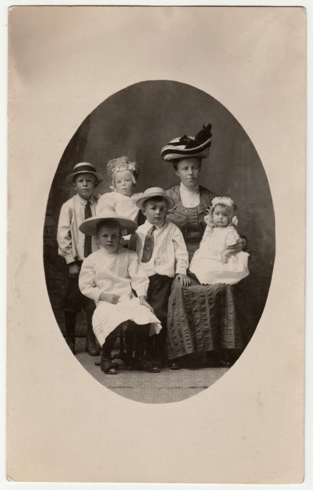 c1910s Mother 5 Children Fancy Hats Bonnets Family Portrait AZO RPPC Photo